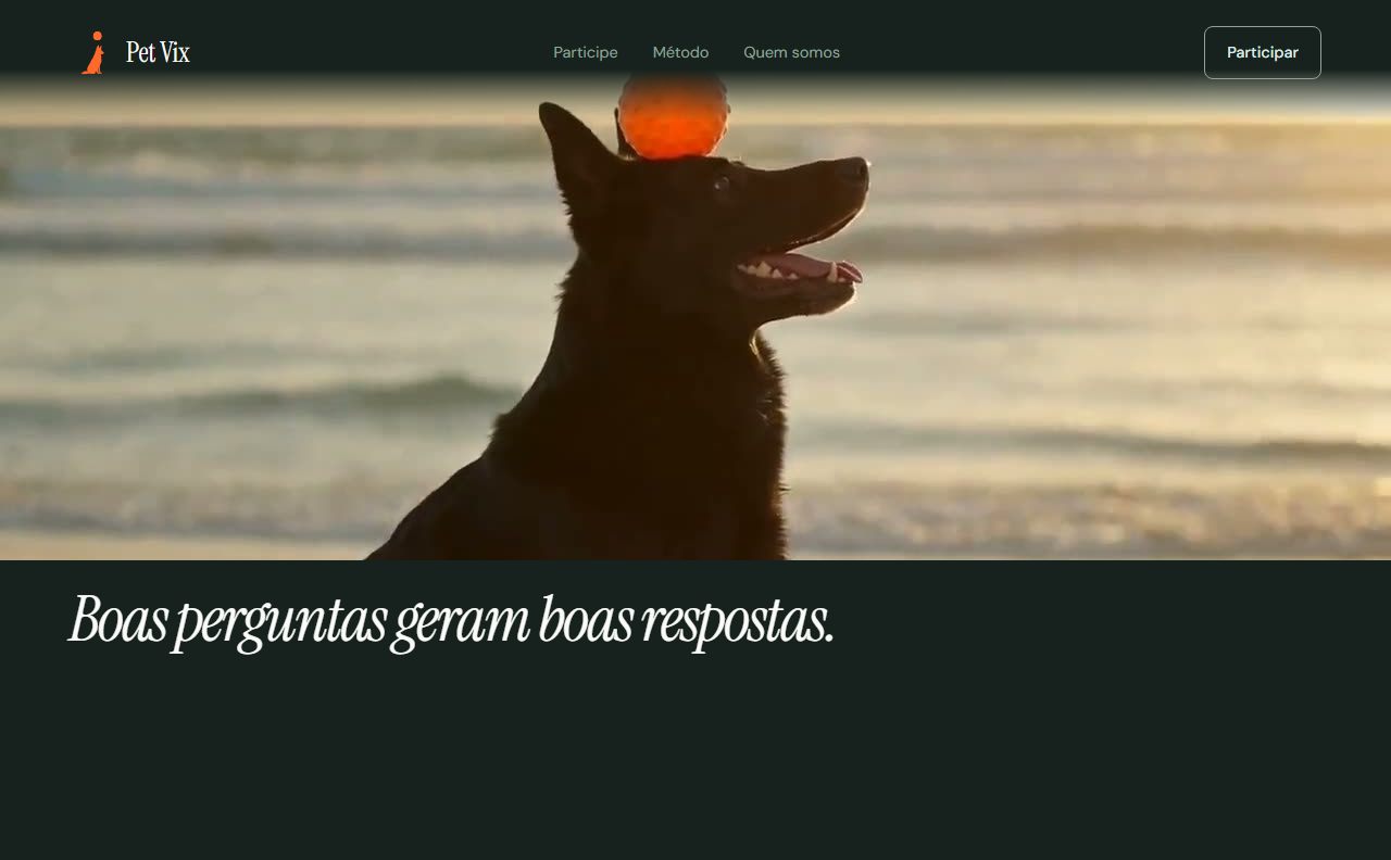 Capa do site Pet Vix: foto de um cachorro na praia contra o sol, com a frase "Boas perguntas geram boas respostas" logo abaixo.
